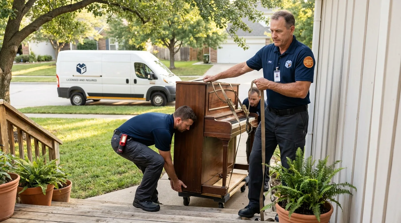 Licensed piano movers securing grand piano in Sunbury, PA