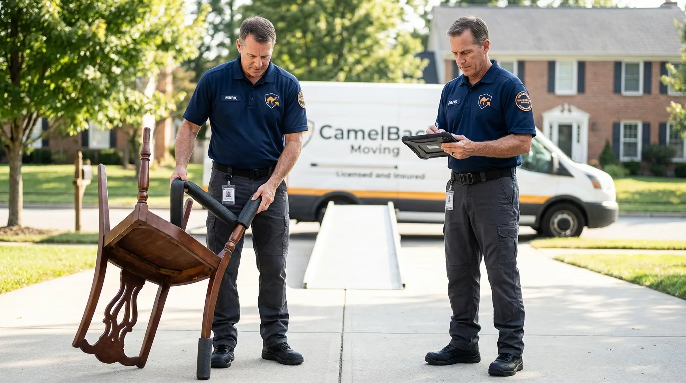 Movers inspecting furniture for damage prevention before loading in Sunbury, PA