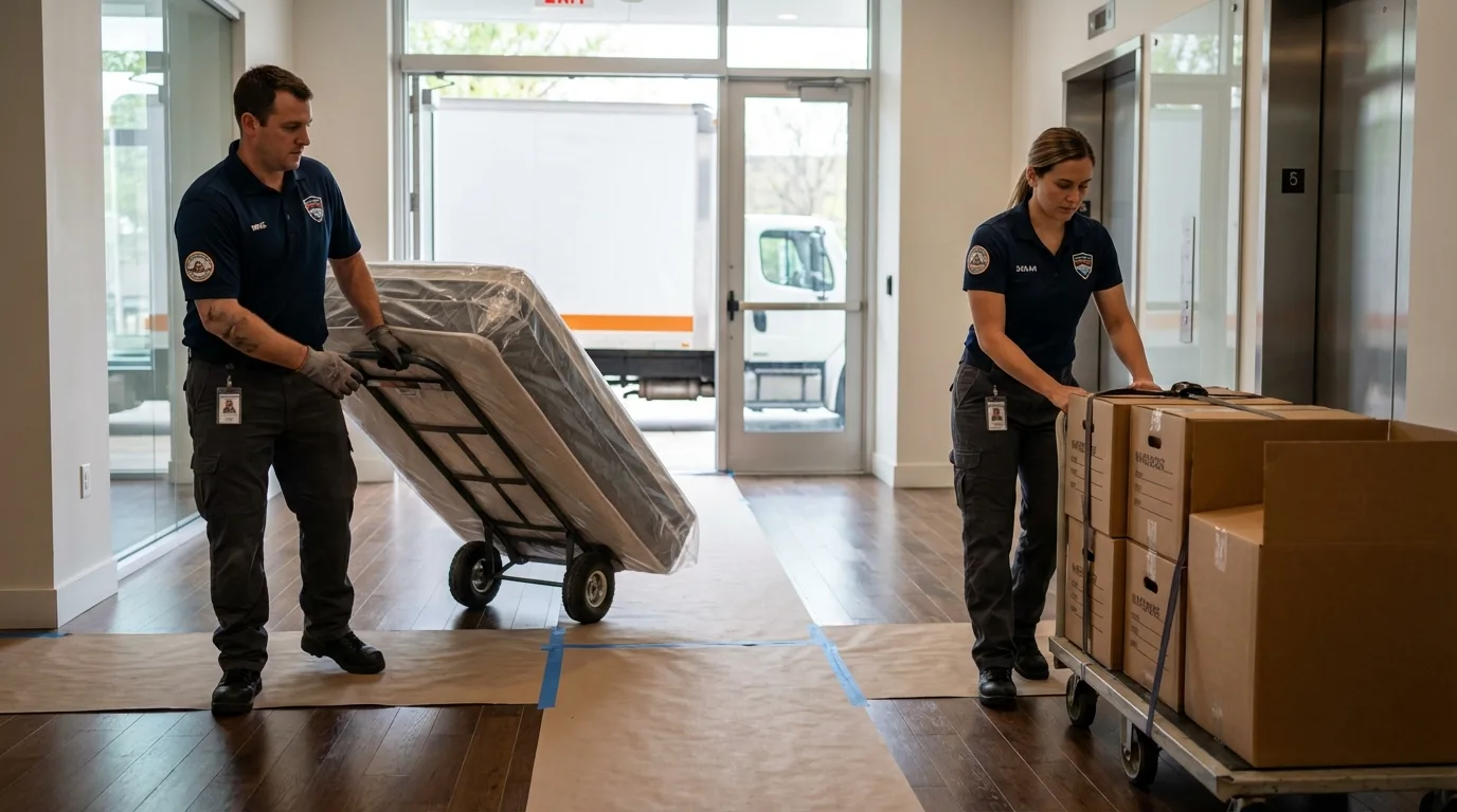 Professional apartment movers loading elevator in Sunbury, PA